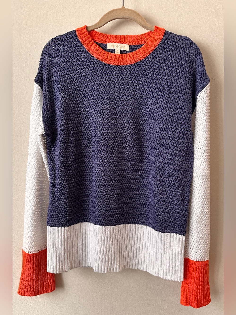 Etcetera Colorblock Periwinkle Blue, White & Orange Crewneck Sweater